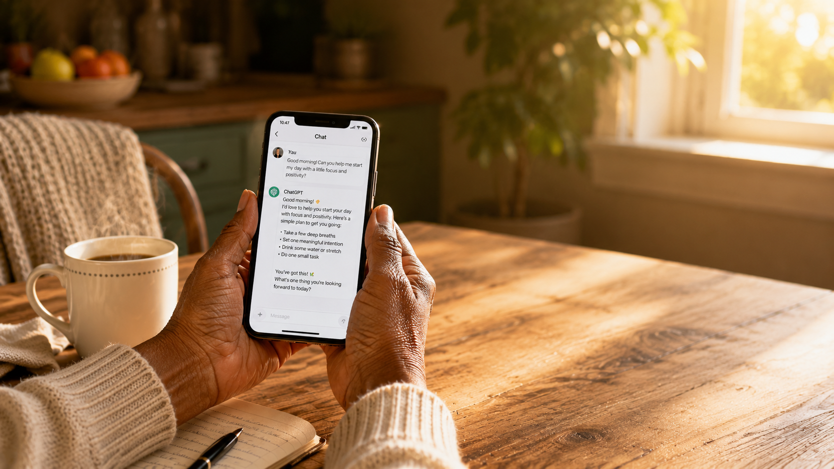 A beginner using ChatGPT on a smartphone at a cozy kitchen table with morning coffee and a notebook โ a warm everyday moment of learning AI at home