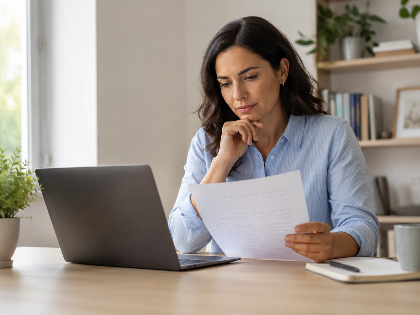 A calm reader pausing to double-check a ChatGPT answer against a trusted source.