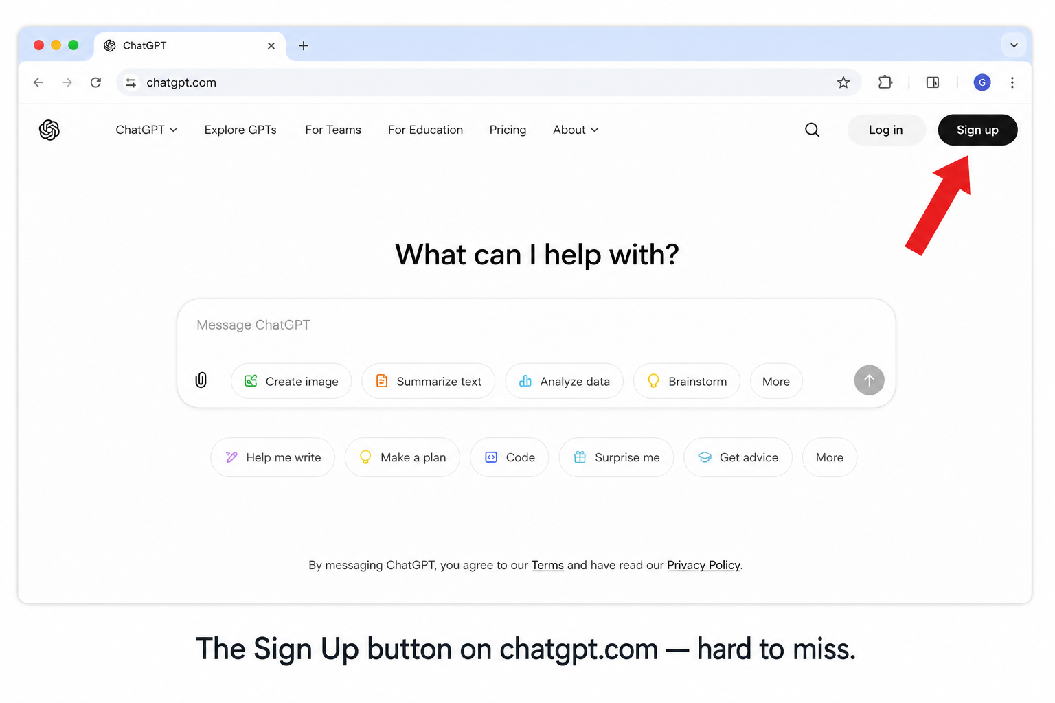 The chatgpt.com homepage with the Sign Up button highlighted
