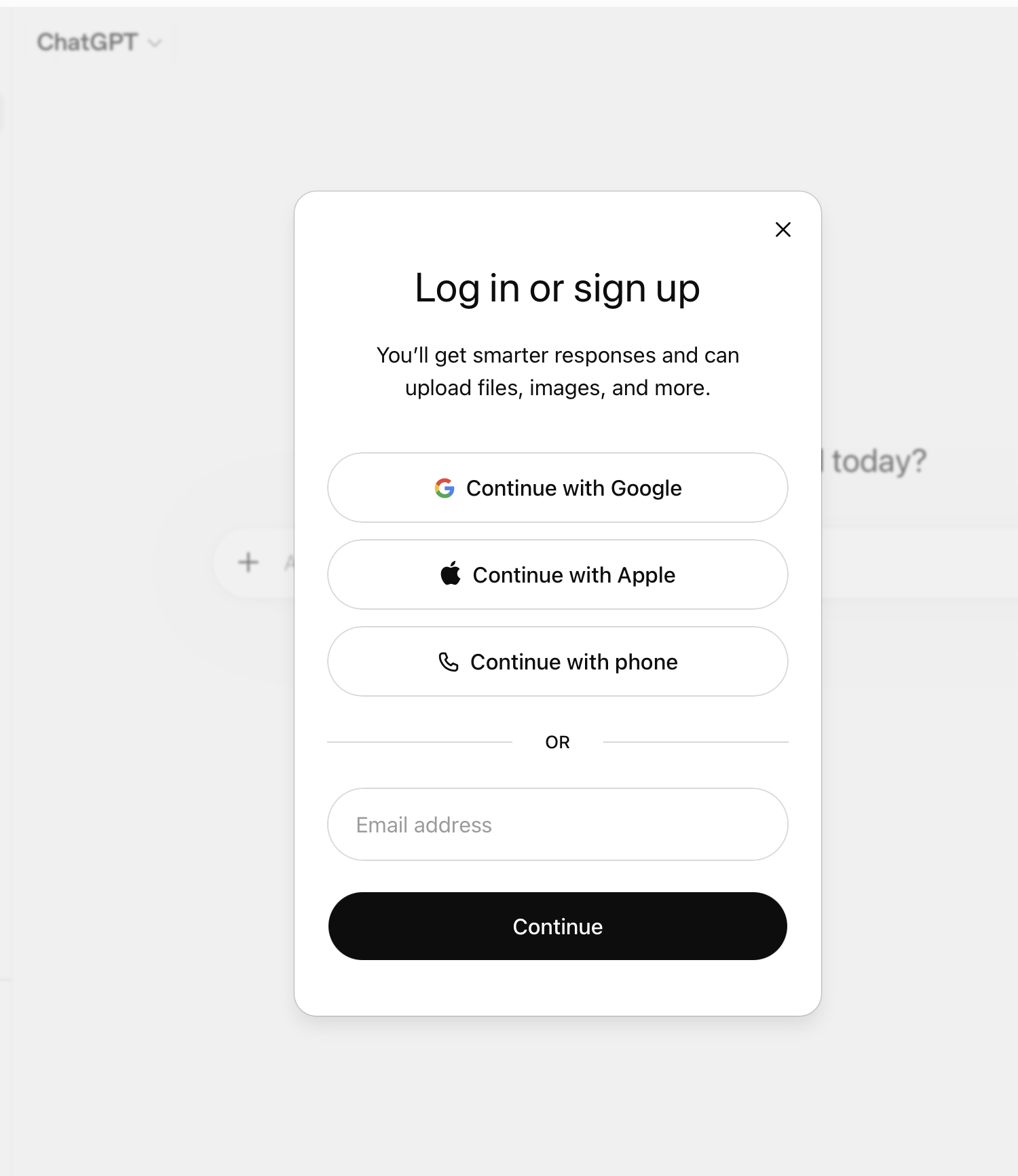 The ChatGPT sign up options screen showing Continue with Google, Apple, Microsoft, or Email