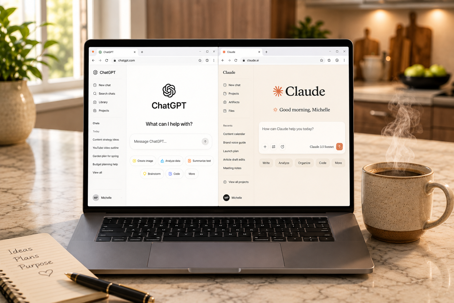 A laptop with a split screen showing ChatGPT and Claude side by side, alongside a single steaming cup of coffee on a warm kitchen island — Michelle Avery's two favorite AI tools, side by side.