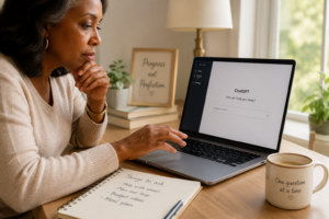 A woman using her laptop with a careful, thoughtful expression as she considers what to share with ChatGPT