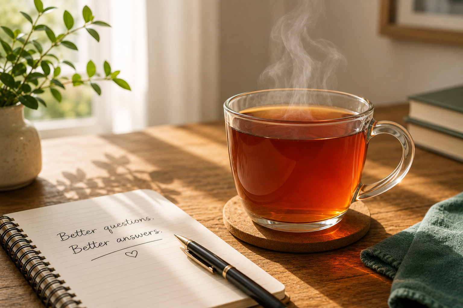 A warm cup of tea on a sunlit kitchen table — a visual reminder of the TEA formula for getting better answers from ChatGPT: Tell, Explain, Ask