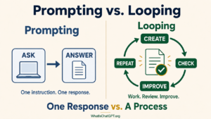 Split-screen infographic titled 'Prompting vs. Looping'. Left side (Prompting, blue): a laptop labeled ASK with an arrow to a document labeled ANSWER, with the caption 'One instruction. One response.' Right side (Looping, green): a circular flow of CREATE → CHECK → IMPROVE → REPEAT around a document with a checkmark, with the caption 'Work. Review. Improve.' Bottom banner reads 'One Response vs. A Process'.