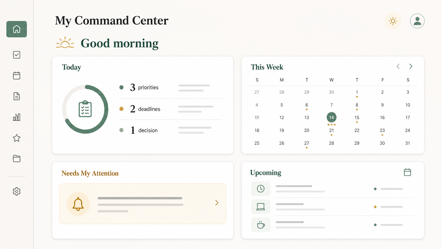 A warm, cream-toned personal command center dashboard showing today's 3 priorities, 2 deadlines, and 1 decision, alongside a weekly calendar view and a Needs My Attention alert — an example of what ChatGPT Work can build.