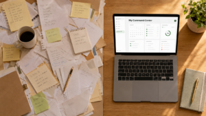 Overhead flatlay of a warm kitchen table in morning light: on one side, scattered handwritten notes, sticky notes, a folder of papers and a coffee mug — on the other, an open laptop showing a clean, polished document. A visual of ChatGPT Work turning scattered ideas into finished work.