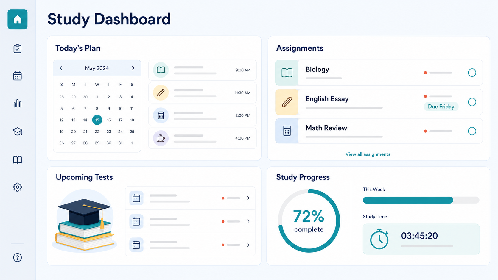 A clean study dashboard showing Today's Plan on a calendar, upcoming assignments with due dates, and a study progress ring at 72% complete — an example of the interactive dashboards ChatGPT Work can generate.