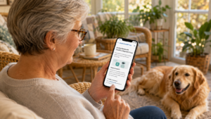 Woman with reading glasses on a cozy sunroom couch reading a beginner's ChatGPT guide on her phone, golden retriever resting beside her.
