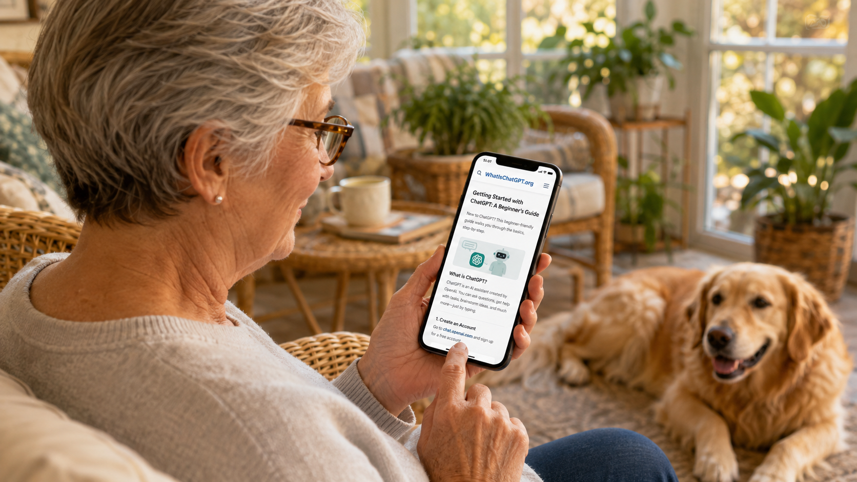 Woman with reading glasses on a cozy sunroom couch reading a beginner's ChatGPT guide on her phone, golden retriever resting beside her.