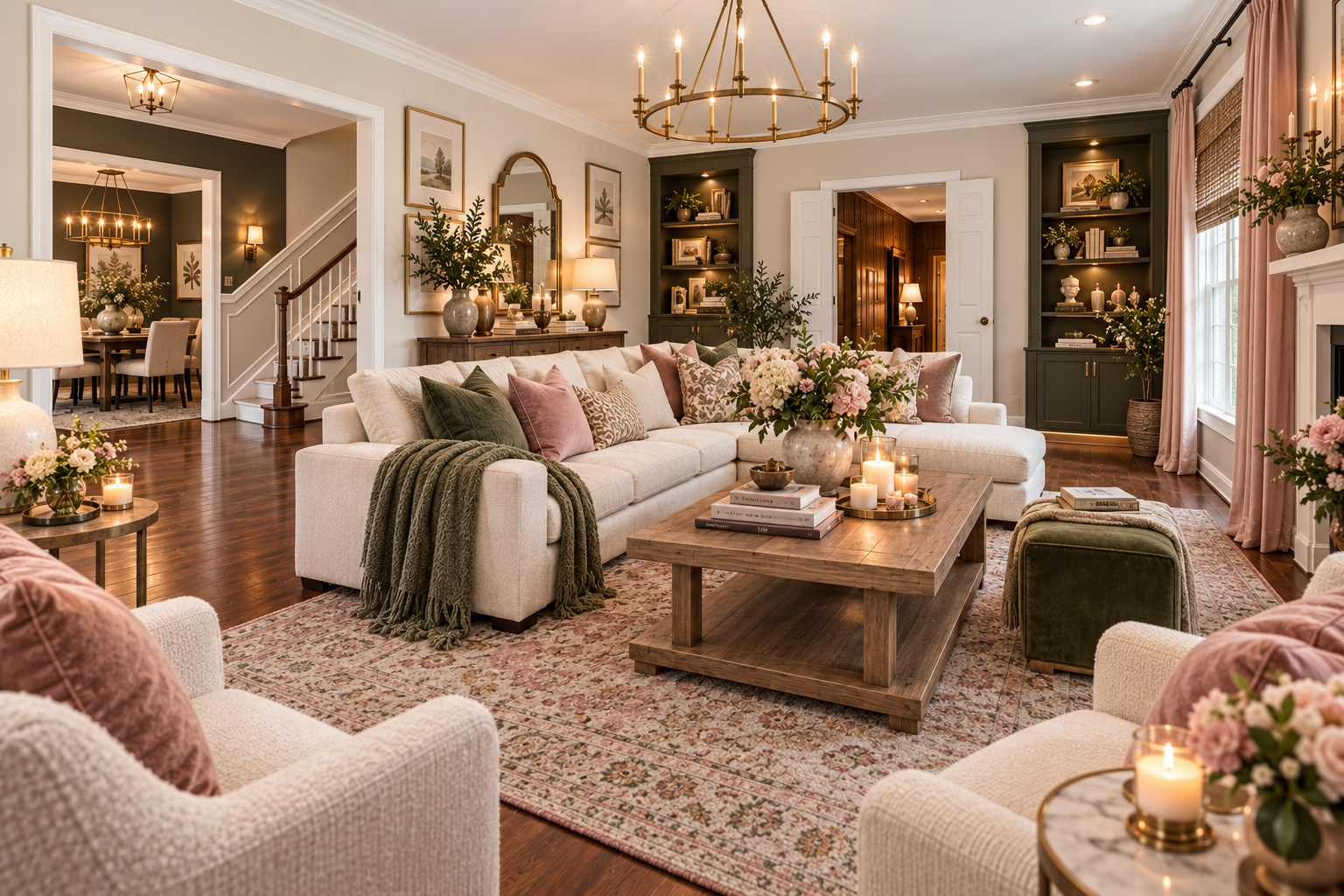 Elegant blush and olive living room with soft feminine decor and layered accessories