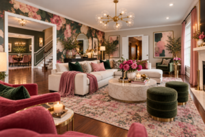 Living room redesigned with ChatGPT — glamorous floral luxe style with botanical prints, velvet upholstery, statement chandelier, and warm jewel tones