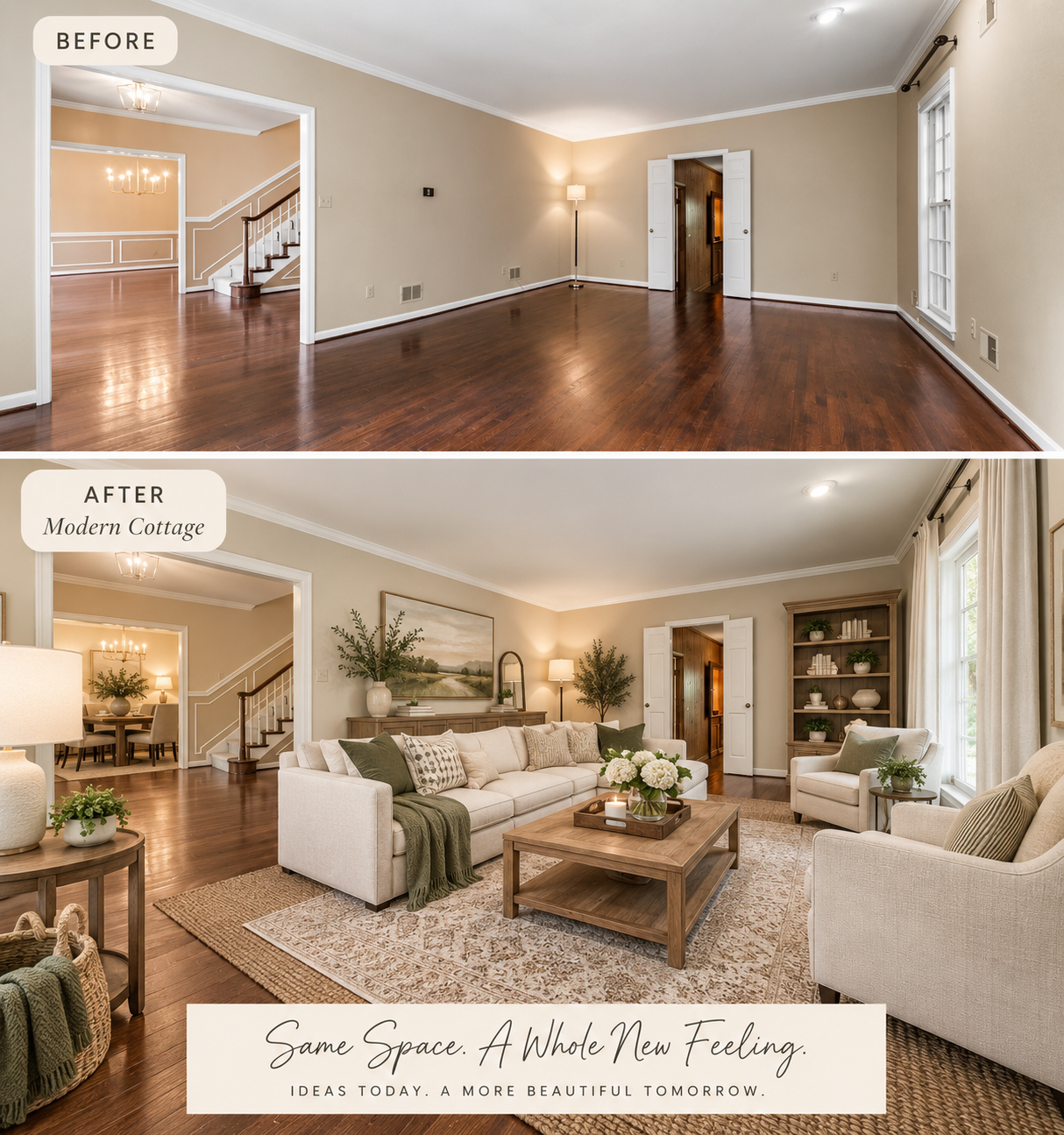 Modern cottage living room before-and-after showing empty room transformed with warm cream furniture and natural wood