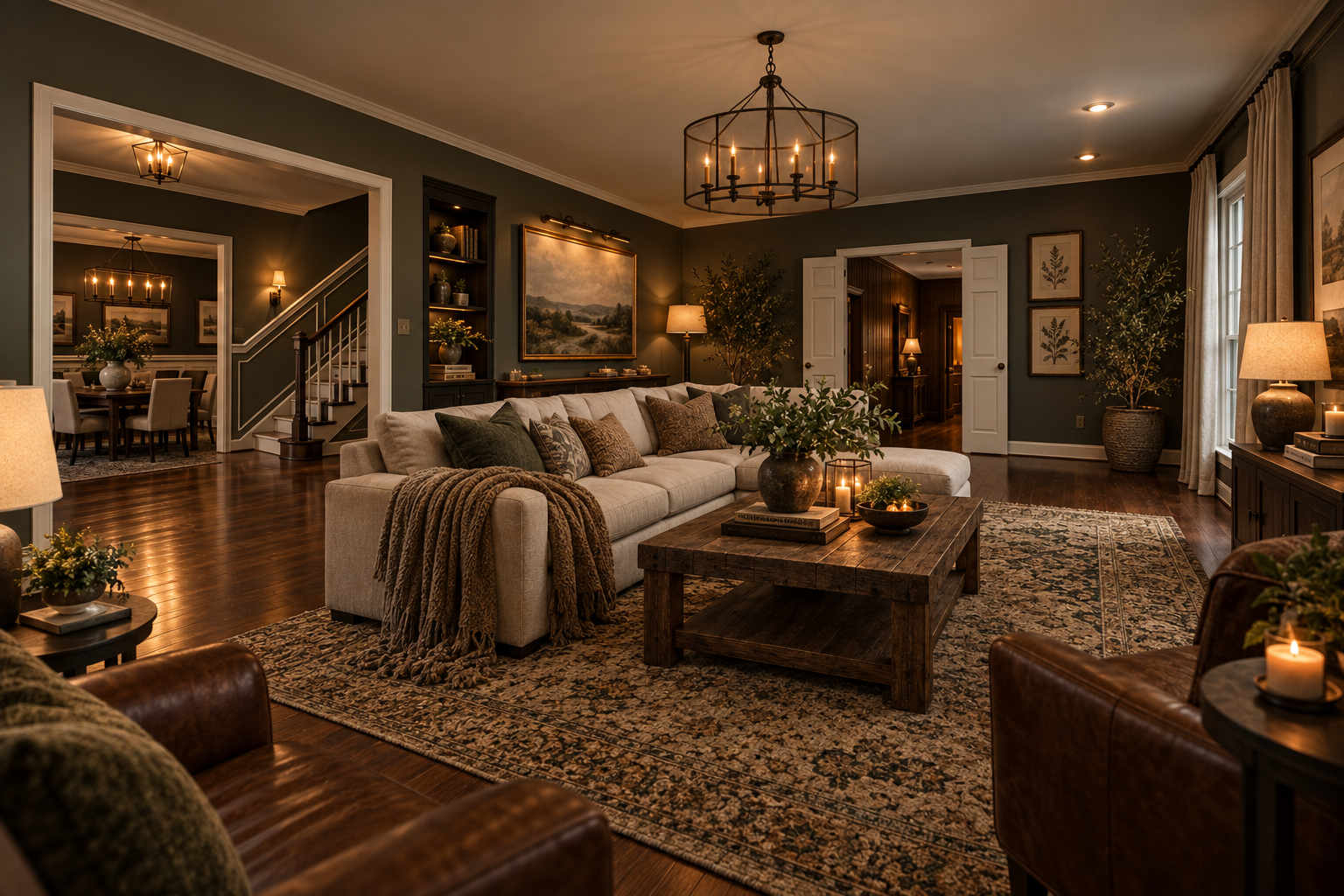 Moody olive-toned living room retreat with rich dark walls and warm lighting
