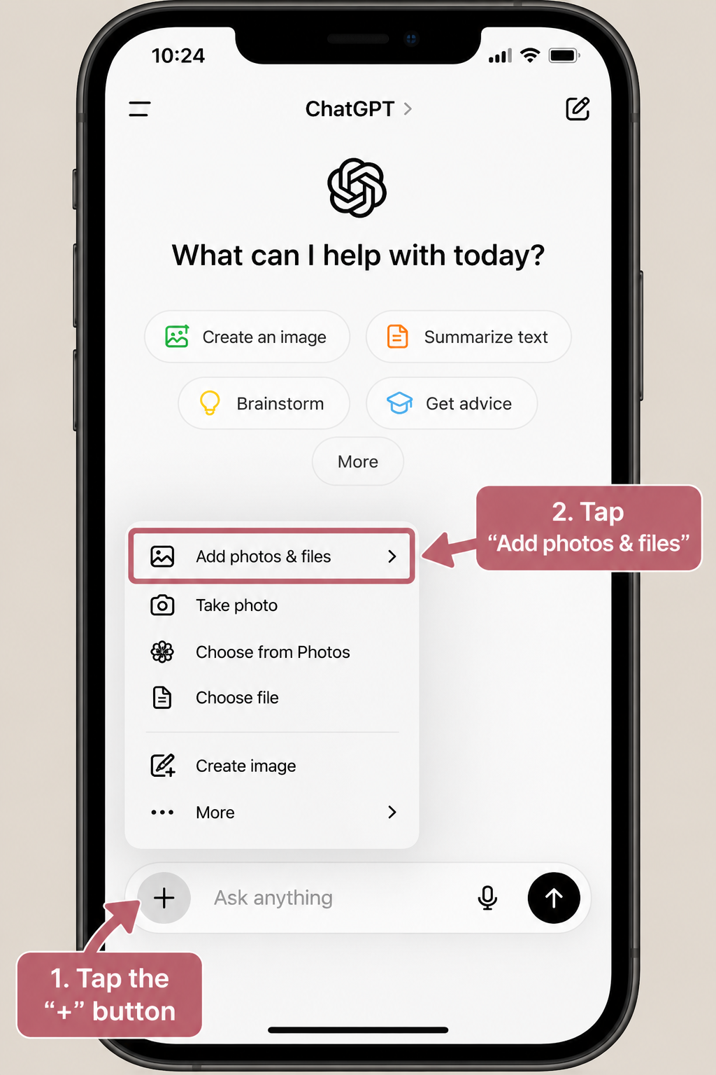 ChatGPT mobile app showing the plus button and Add photos and files menu